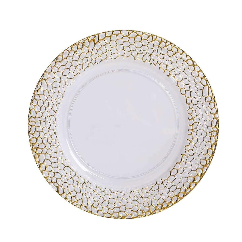 6-Pack Acrylic Charger Plates 13" Round Clear with Gold Hammered Rim - Decorative Plastic Charger Tableware